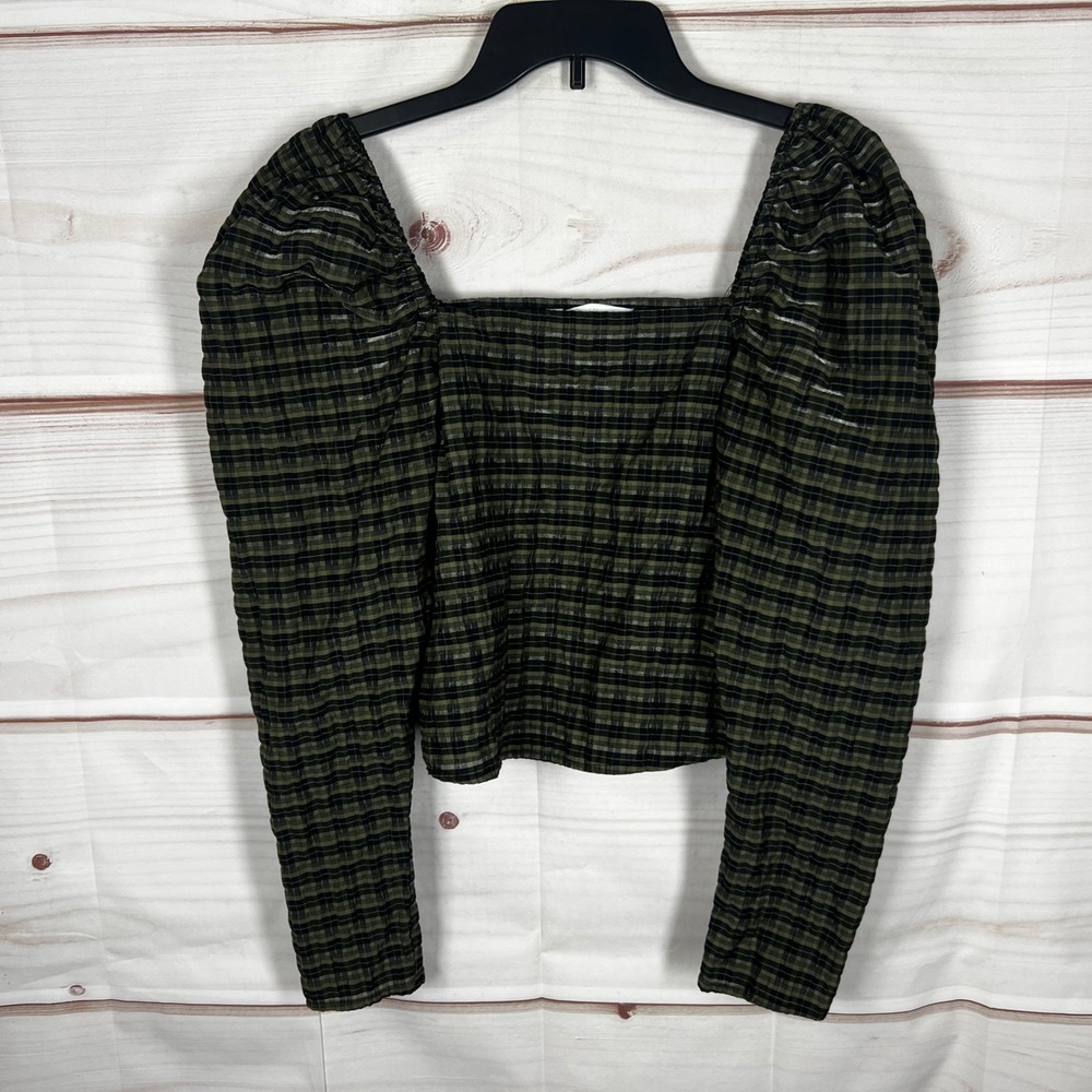 H&M Plaid Cropped Top Womens Small Green Black Gingham Puff Sleeve Smocked Back‎